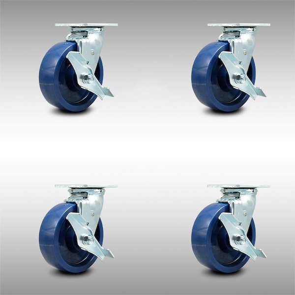 6 Inch SS Solid Poly Caster Set with Roller Bearings and Brake/Swivel Lock SCC